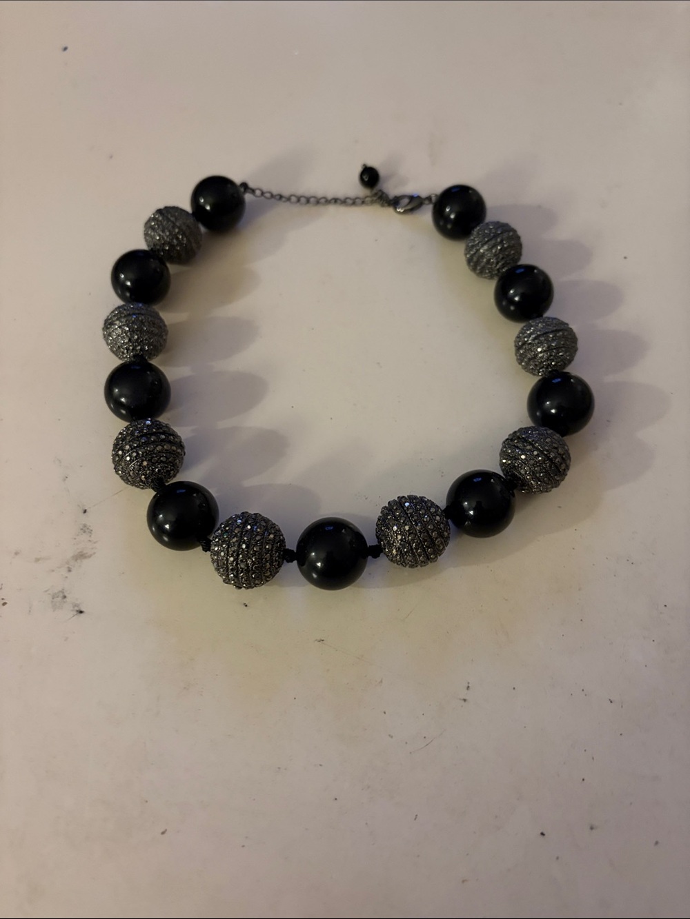 Black Beaded Statement Necklace with Pavé Crystal Spheres
